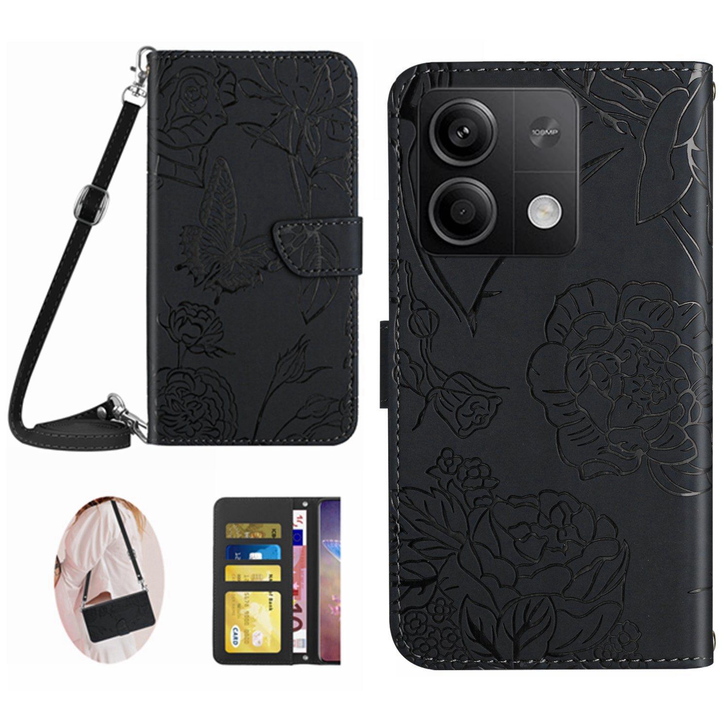 

HT03 For Xiaomi Redmi Note 13 4G Cell Phone Case Imprinted Leather Cover with Long Strap Black