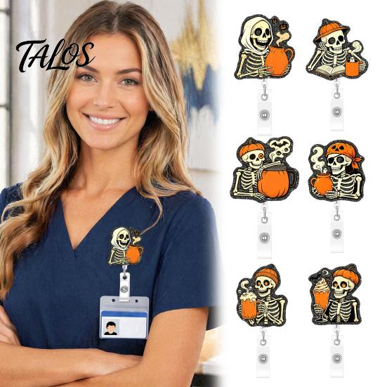 Personalized Badge Holder Halloween Retractable Reel, Skeleton And Pumpkin Design, Acrylic ID Card Office Id with Sturdy Metal Clip for Nurses