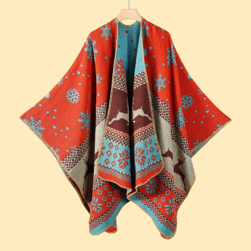 Sciarpa Autunnale e Invernale, Scialle da Viaggio Versatile a Quadri da Donna, Mantello Spaccato Spesso Etnico in Imitazione Cashmere