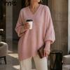 Damenmode, lässig, Herbst/Winter, einfarbig, bedruckt, langärmelig, V-Ausschnitt