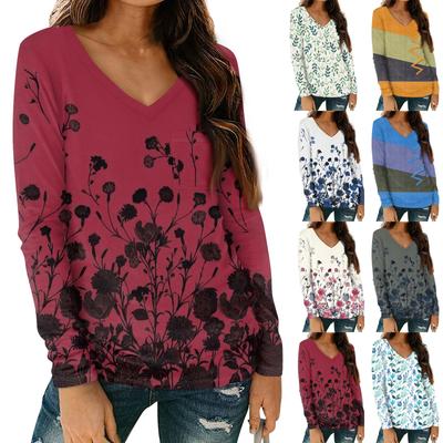 Women's Fashion Casual Long Sleeve Floral Print V Neck Top With Pockets