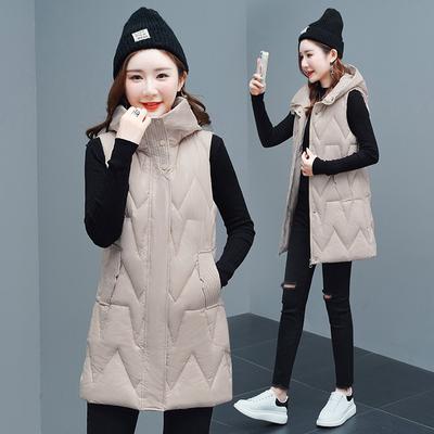 Autumn and Winter Women's Solid Color Hooded Loose Thickening Warm Mid-length Sleeveless Vest Women's Jacket