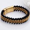 Braccialetti in Pelle Nera Intrecciata Semplice da Uomo con Charm Acciaio Inossidabile Dorato Braccialetto da Polso Homme Gioielli Maschili Punk