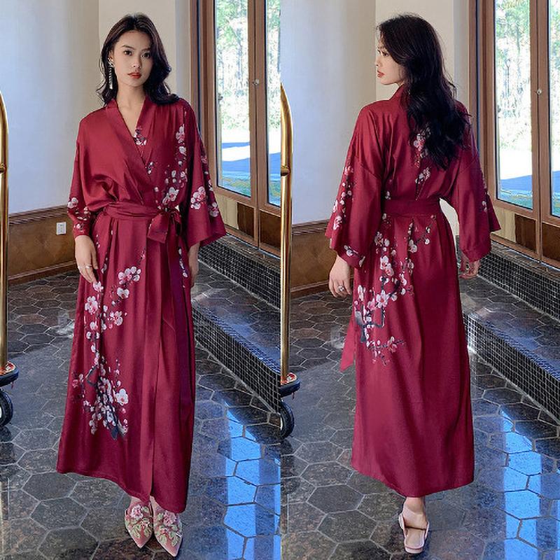 Spring Summer Long Robe Nightgown Sexy Print Flower Bathrobe Gown Casual Silk Satin Home Dress Lounge Wear