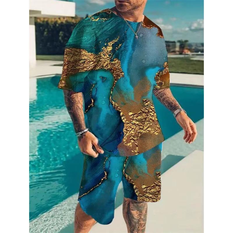 Vêtements de Sport d'Été T-shirt Short pour Homme Ensemble Deux Pièces Fine Texture 3D Impression Lâche Couleur Unie Manches Courtes Mode Ensembles pour Homme