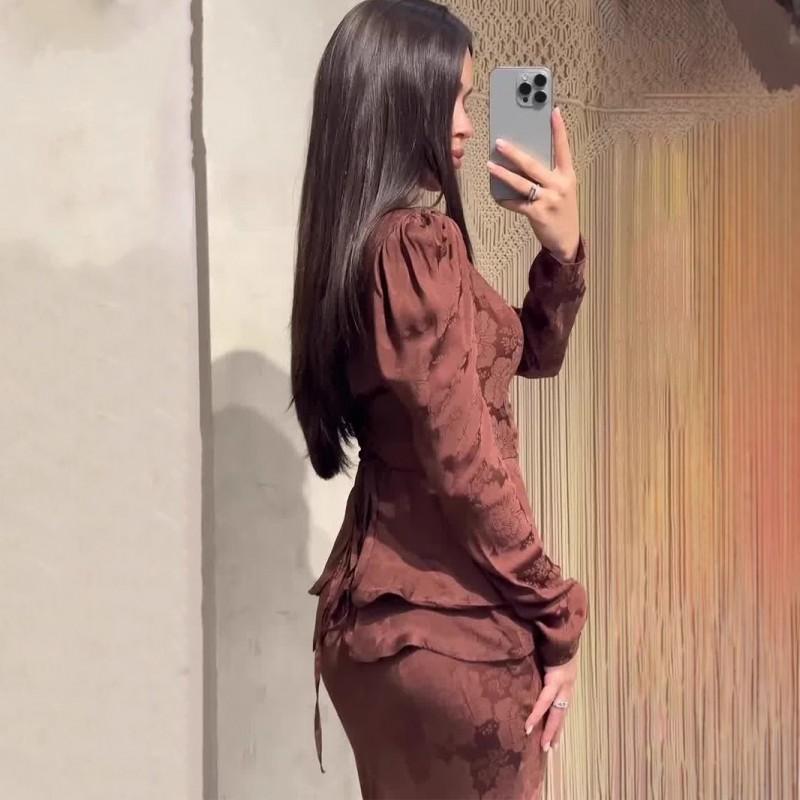 Womens Vintage Elegant Long Sleeve Wrap-Style Maxi Dress With Floral Print Cotton Blend V-Neck