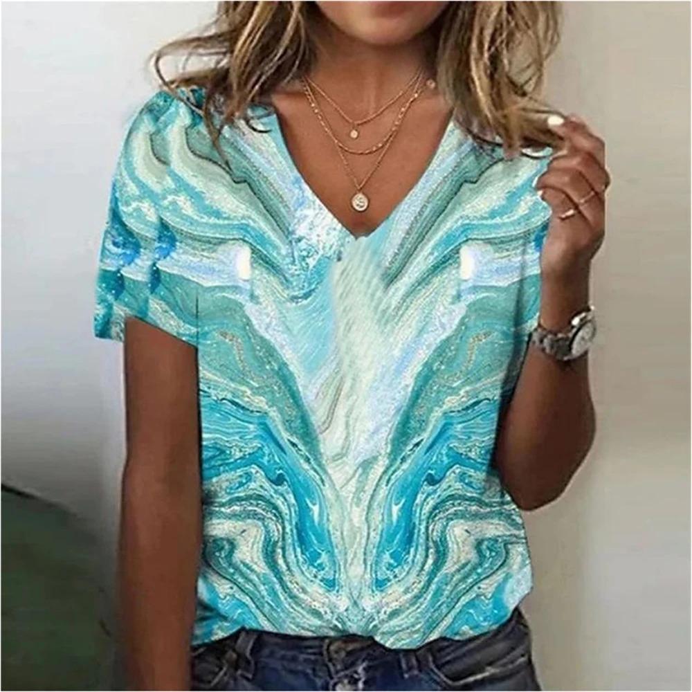 Retro Ethnic Style 3D Digital Printed Women's Casual and Comfortable V-neck Short Sleeved T-shirt