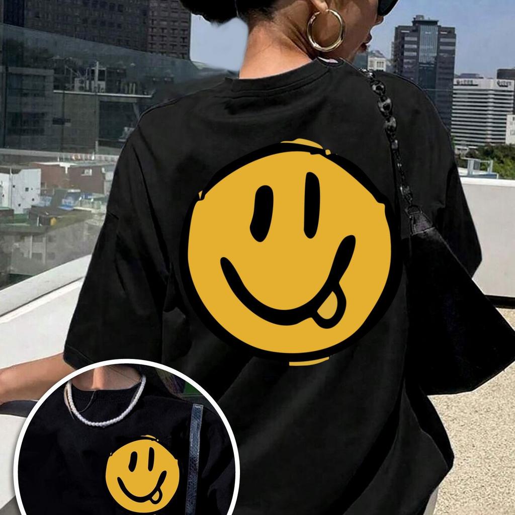 ShortSleeved TShirt with Front and Back Prints Featuring A Smiling Face Design for Women Casual Trendy Top with A Round Neck