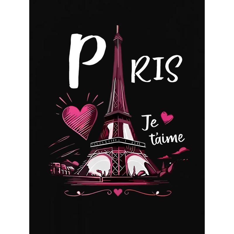 European sizes Paris Eiffel Tower Graphic Print T-Shirt for Women, Casual Crew Neck, Polyester Knit Fabric