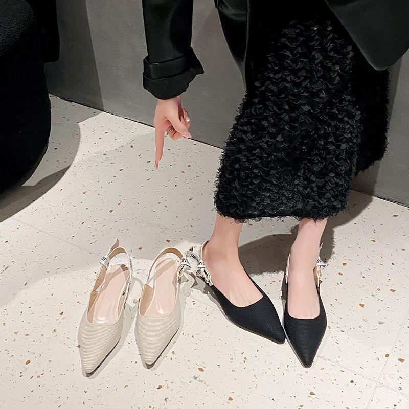 European and American retro pointed head light mouth back empty flats letter bow knitted sandals women's 2025 summer and autumn new models
