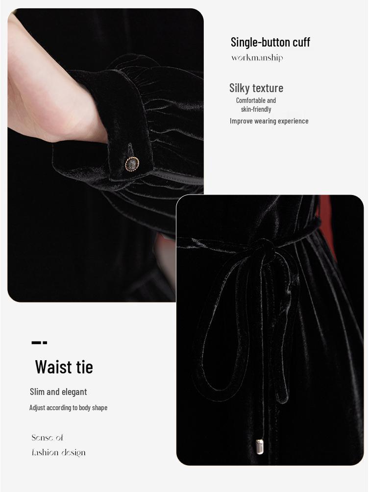 Elegantní retro midi šaty ze sametu - Dámské se zavazováním v pase, dlouhým rukávem, z morušového hedvábí na podzim/zimu