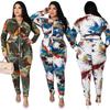 Womens Knit Printed Casual Two-Piece Set Long Sleeve Top Pants White Green 2025 Plus Size 1XL-5XL