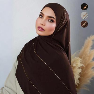 Écharpe Hijab en Jersey de Coton Modal Strassé Pour Femmes Châle Extensible Bandeau Musulman Uni Mode Couleur Unie Long Cache-cou