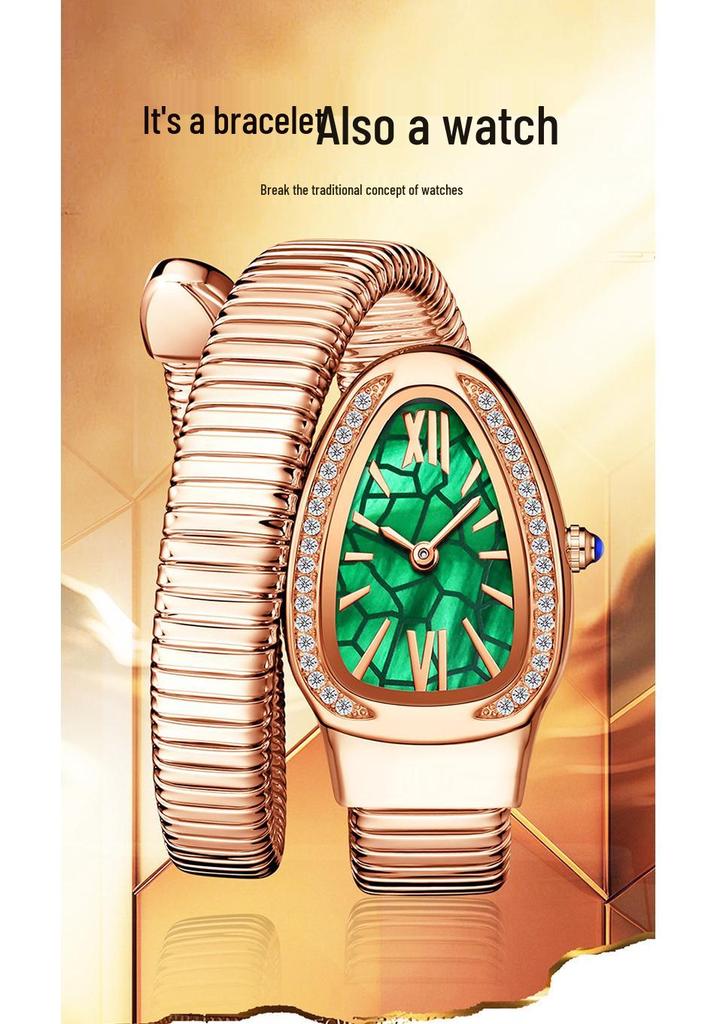 SANDA Women's Luxury Snake Head Bracelet Watch with Roman Mother-of-Pearl Dial, Diamond Accents, English Two-Hand, 30M Water Resistant.