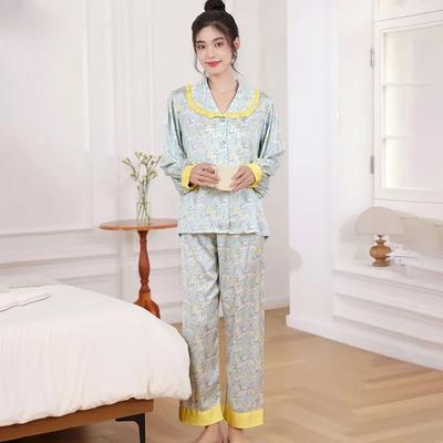 Spring and Autumn New Ice Silk Pajamas Women's High-end Thin Imitation Silk Long-sleeved Printed Home Clothes Lapel Suit