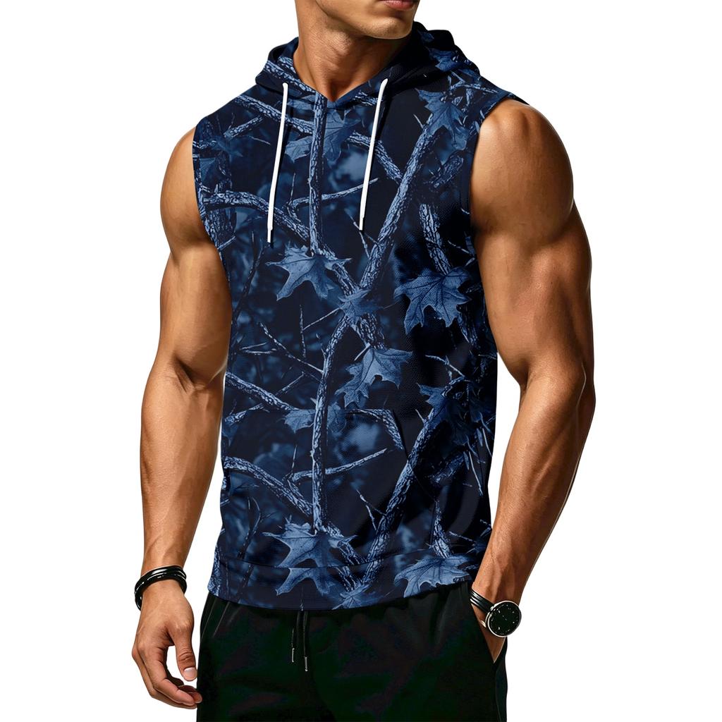 Men's Print Sleeveless Hoodie with Pockets and Drawstring - Casual Tank Top Vest for Outdoor Sports
