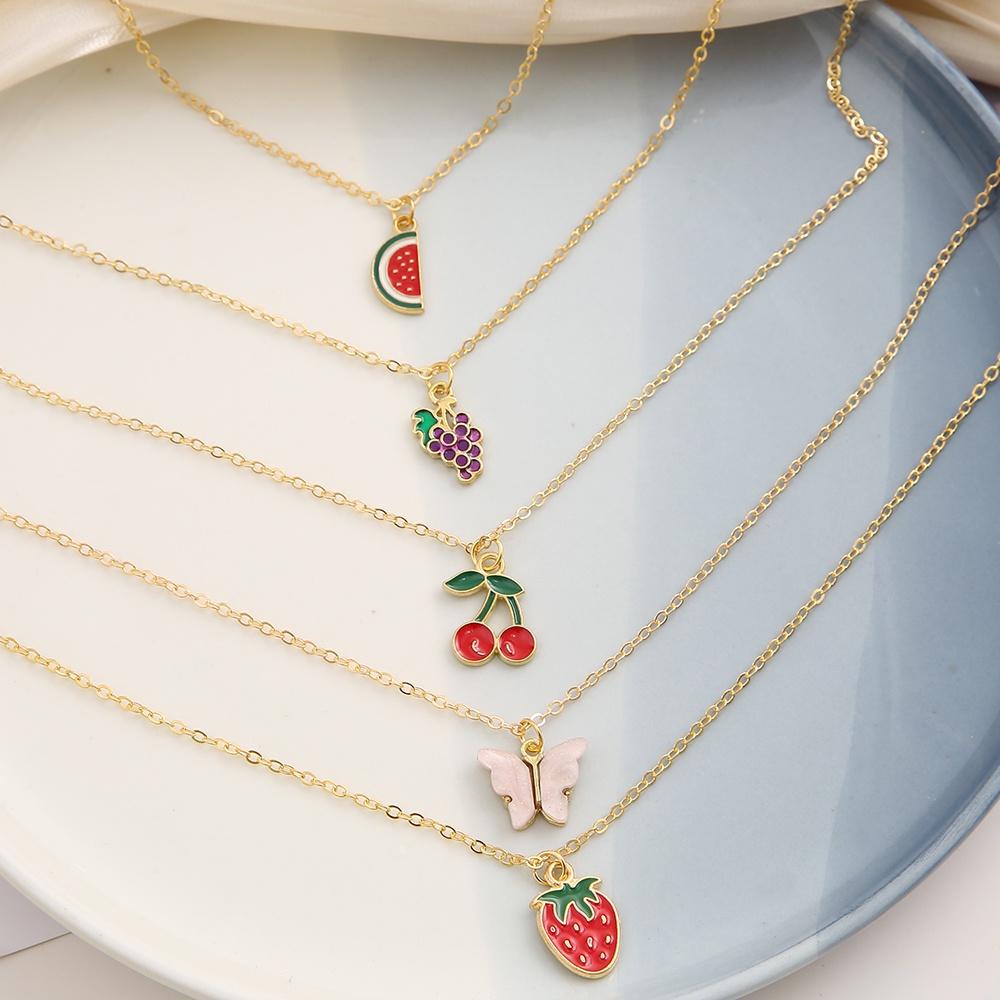 iF ME 5 bucăți/set pandantiv drăguț cu fructe, pepene verde, căpșuni, struguri?Colier Butterfly Gold Chain Choker pentru Femei Accesorii Bijuterii