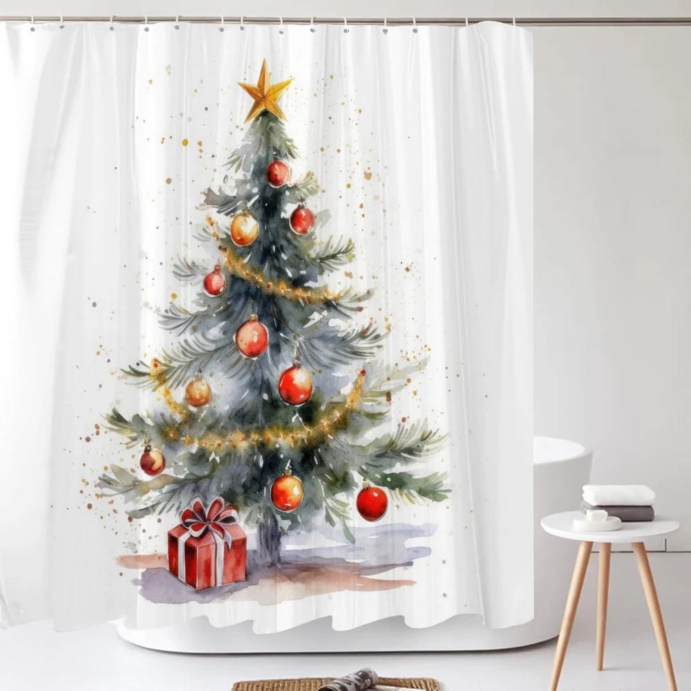Christmas Shower Curtain Santa Claus Winter Christmas Tree Polyester Colorful Bath Curtain Home Bathroom Decor Curtain With Hook