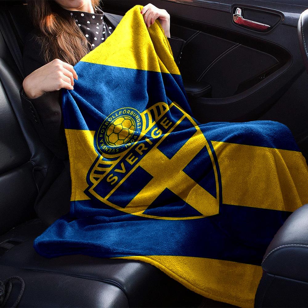 Sweden National Football Team Crest Blue Yellow Diagonal Print Flannel Blanket Soccer Graphic Soft Throw Blanket Football Fan Home Decor