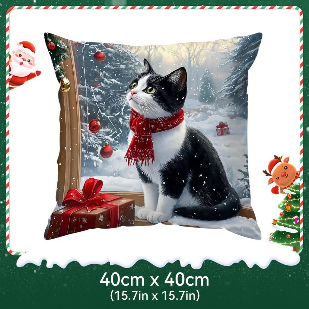 Christmas Themed Cat Pillowcase Bedroom Sofa Cushion Cover 100% Polyester Living Room Cushion Pillowcase Home Decor