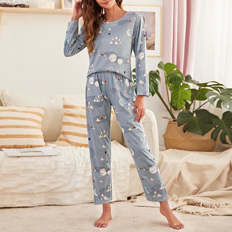 Women's Nightwear Pajama Set Casual Outfit Home Wear Spring Long Sleeve Top with Long Pants Print 2 Piece Lounge Sets Loungewear