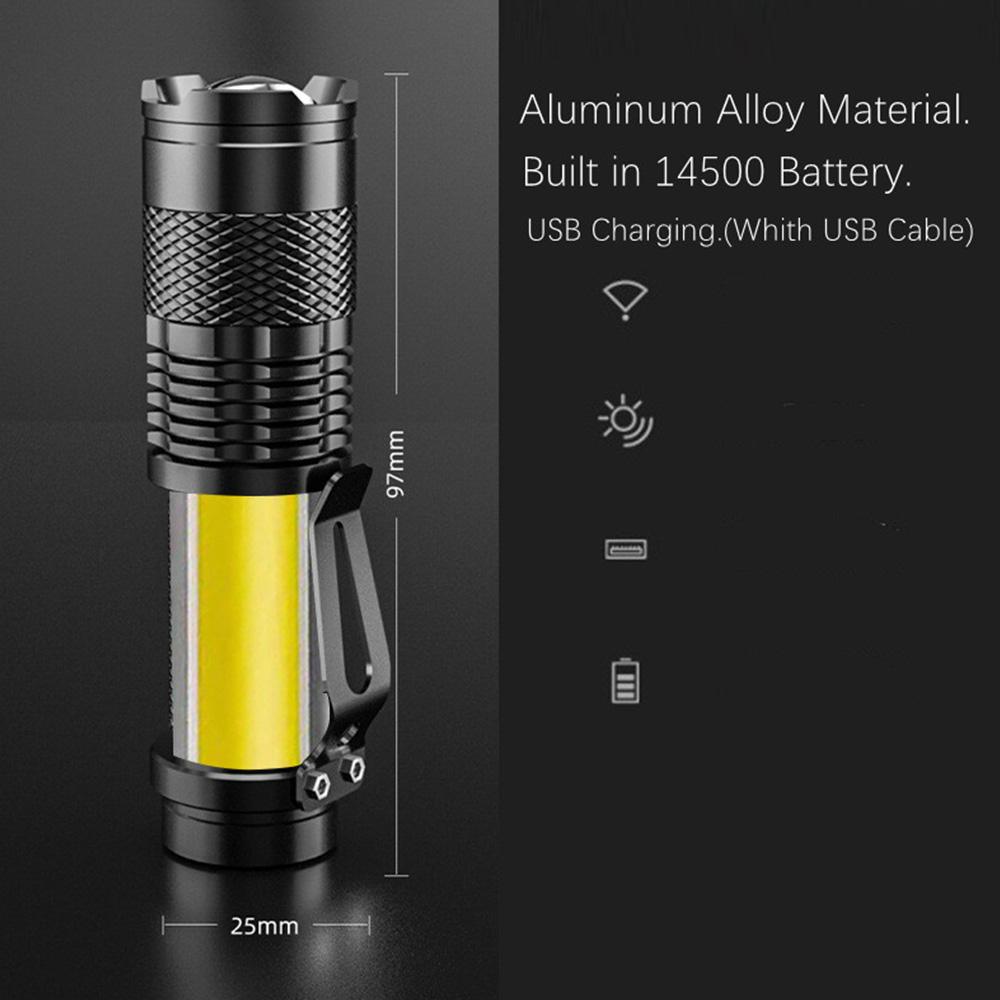 Mini Portable 2000 Lumens Led Flashlight Built In Battery Torch COB Variable Focus Waterproof Tactical Flashlight Bulb Light