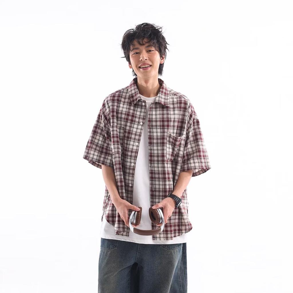 Summer New Color Blocked Plaid Lapel Shirt Japanese Retro Pocket Decoration Short Sleeved Shirt