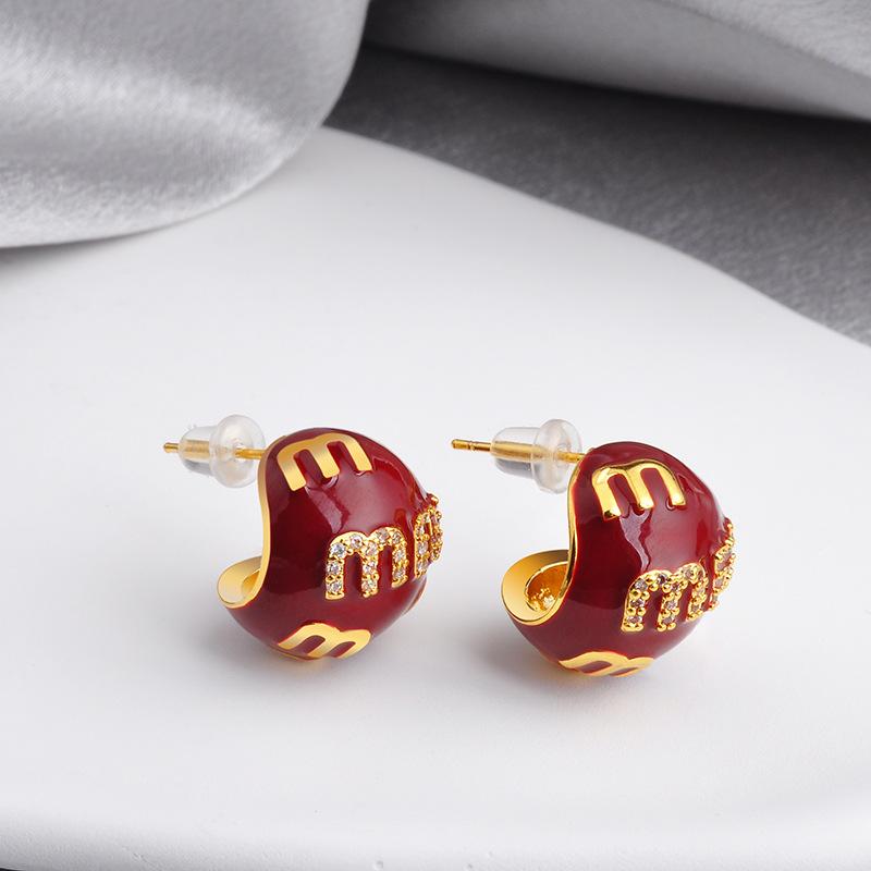 18K Gold French Letter Earrings - Luxury Enamel Retro Jewelry for Women's Elegant Daily & Work Accessories
