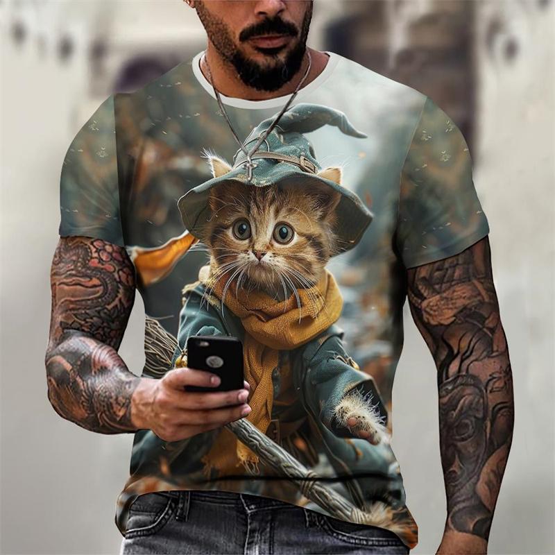 3D Printed Magical Poster Wizard Cat T Shirt For Men Funny Cute Animal Pattern T-Shirts Summer Short Sleeve Round Neck Tops Tees