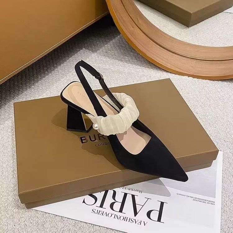 Black High-heeled Shoes for Women's New Summer Wear In 2025, Shallow French Pointed Thick-heeled Bag-head Sandals.