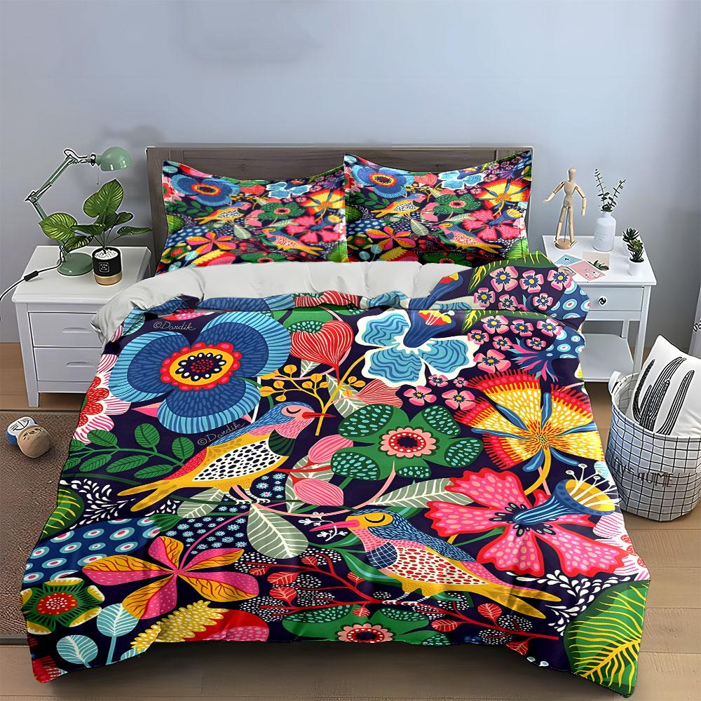 Colorful Floral And Bird Design Set Exquisite Three-Piece Bedding Set Gift For Kids And Adults