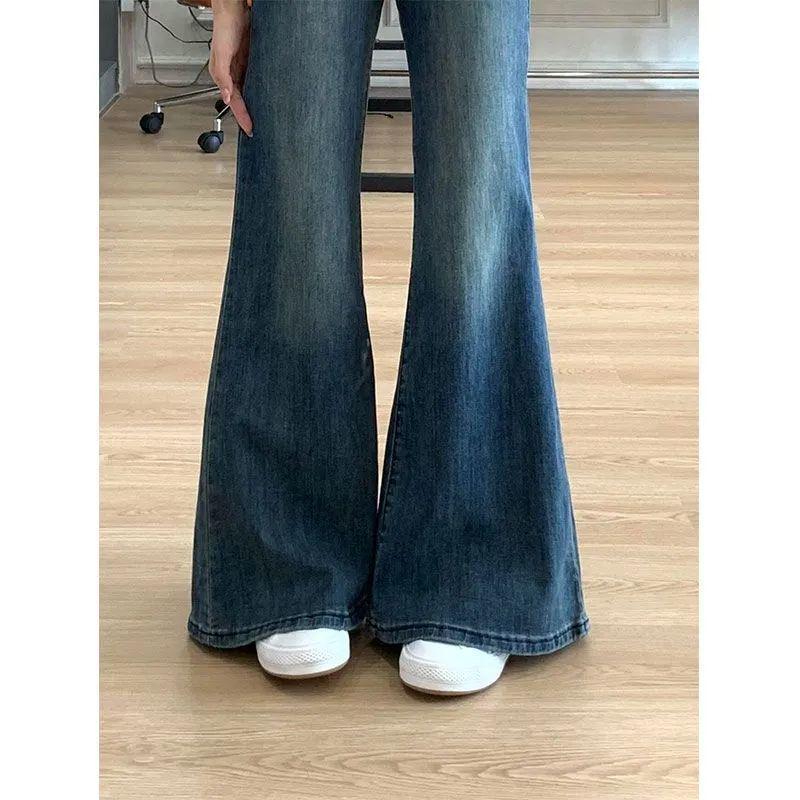 Women's High-Waisted Retro Micro-Flare Jeans - Drapey, Floor-Length Pants for Spring and Autumn