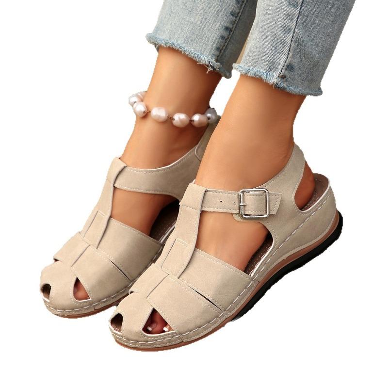Damen Sandalen mit rundem Zeh und Ausschnitt, Leichte Keilabsatz Römerschuhe, Atmungsaktive Strand-Slipper Großhandel auf Lager