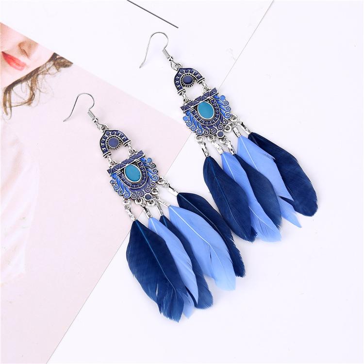 

Vintage Indian Feather Earrings Exotic Temperament Long Earrings Bohemian Holiday Earrings