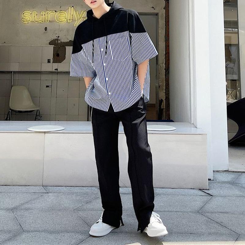 New Summer Fashion High-end Personalized Design Feeling Loose Casual Oversized Striped Printed Short Sleeved Hooded Shirt