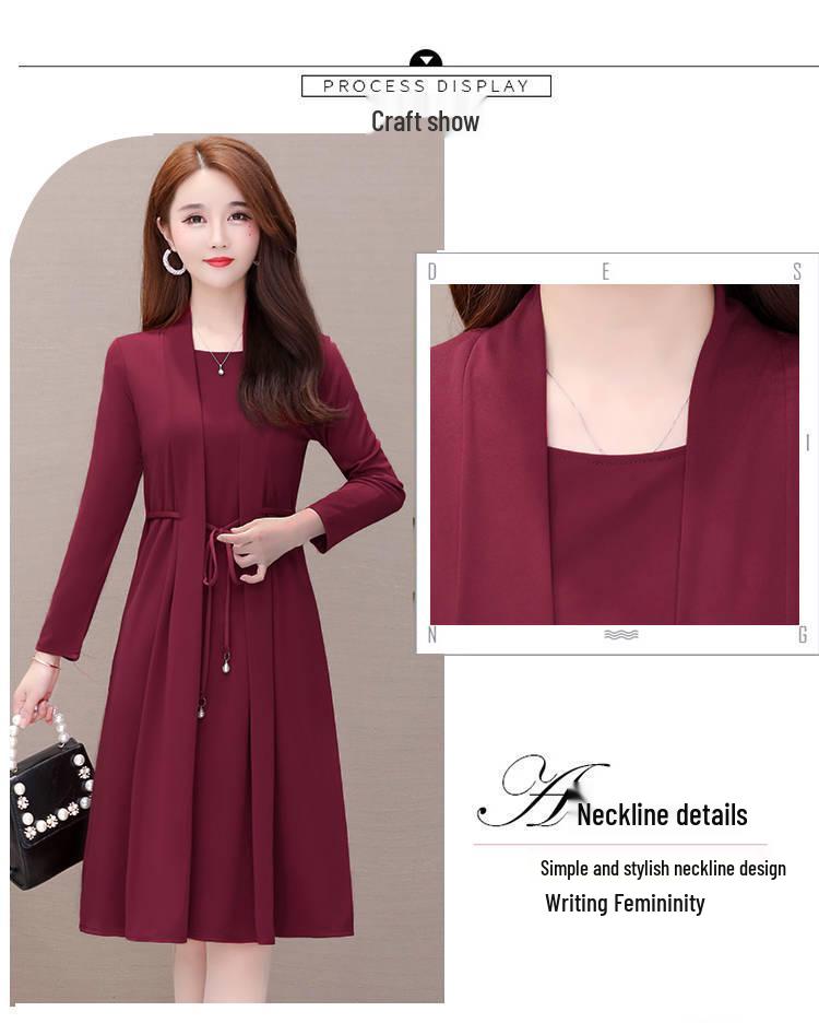Spring & Autumn Long-Sleeve Two-Piece Dress for Middle-Aged Women - Slim Fit, Medium Length