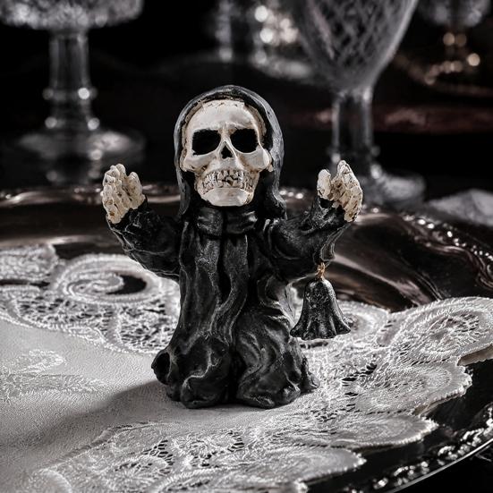 Small Halloween Statues for Shelves Resin Figurine, Spooky Skeleton Pumpkin Ghost Statue Home Accents Tiered Tray, Tabletop, Shelf, Indoor Kitchen