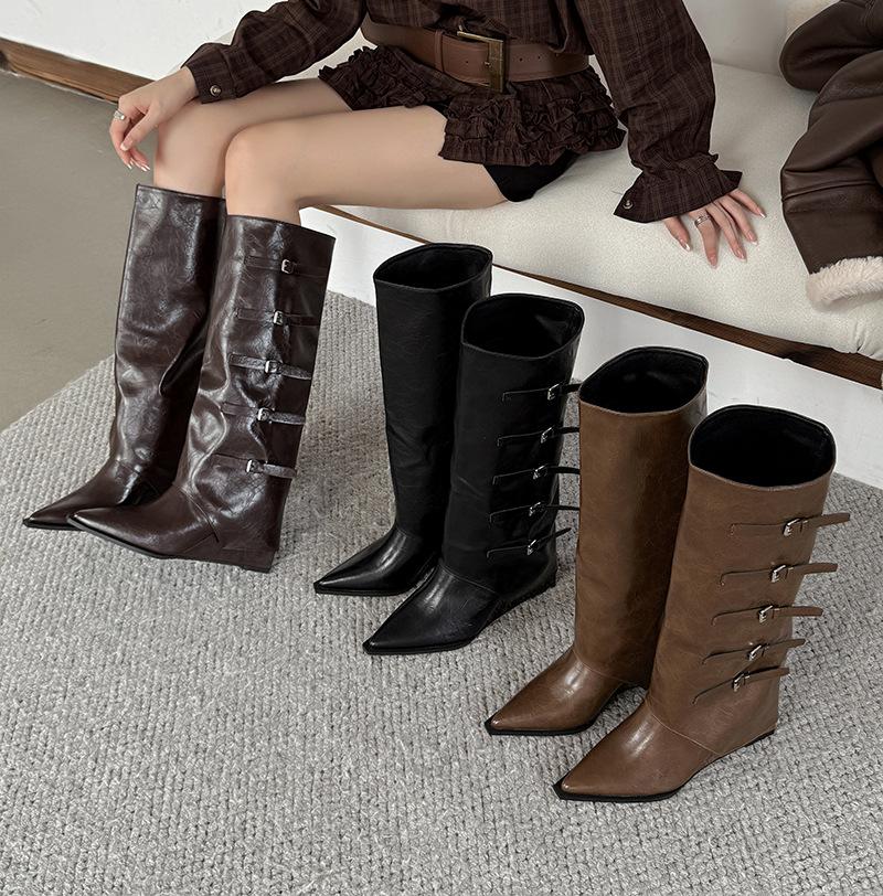 Wasteland Wind Autumn and Winter New Boots Women's But Knee Pointed Belt Buckle Slope Heel Western Cowboy Boots High Trousers Boots