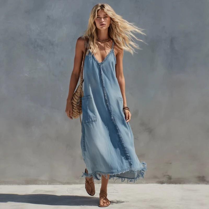 Minimalist Lightweight Light Blue Denim Maxi Dress V-Neck Sleeveless Loose Fit 2026