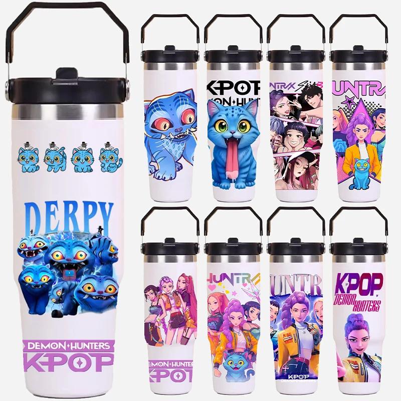 30Oz K-Pop Portable Car Cup Stainless Steel Thermos Cup with Straw Travel Sports Water Bottle with Handle Cover Coffee Vacuum Flask