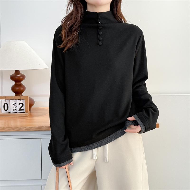 Autumn-Winter 2025 Women's Plus Size High Neck Slimming Base Layer, Stretchy Long Sleeve Color Block Fleece Top