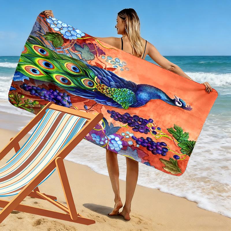 Peacock Oil Painting Print Beach Towel, Large Soft Quick Dry Towel for Beach Camping Swimming