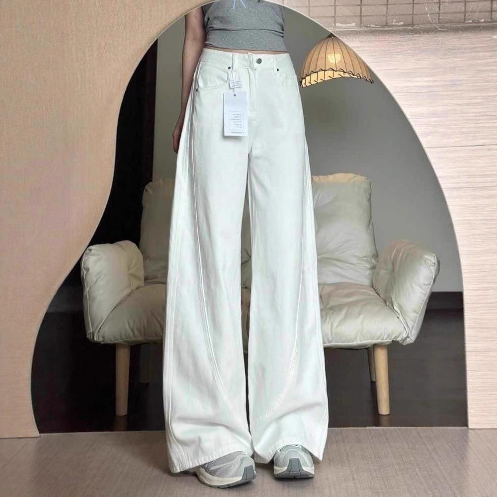 Women's High Rise Loose Fit Wide Leg Jeans Casual White Denim Pants With Drape