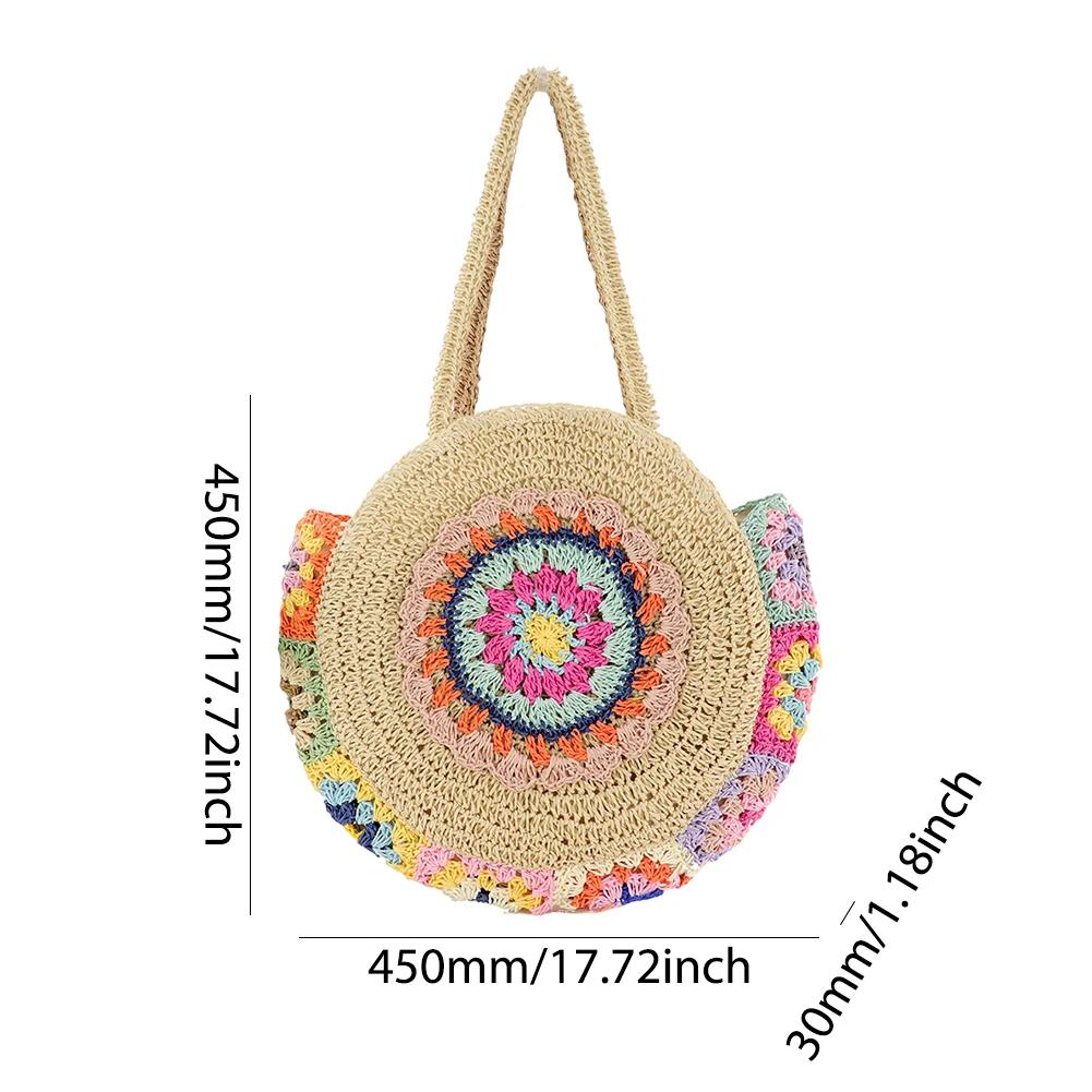 Women Fashion Woven Handbag Round Straw Woven Tote Bag Vacation Shoulder Bag Large Capacity Ethnic Style for Travel Vacation