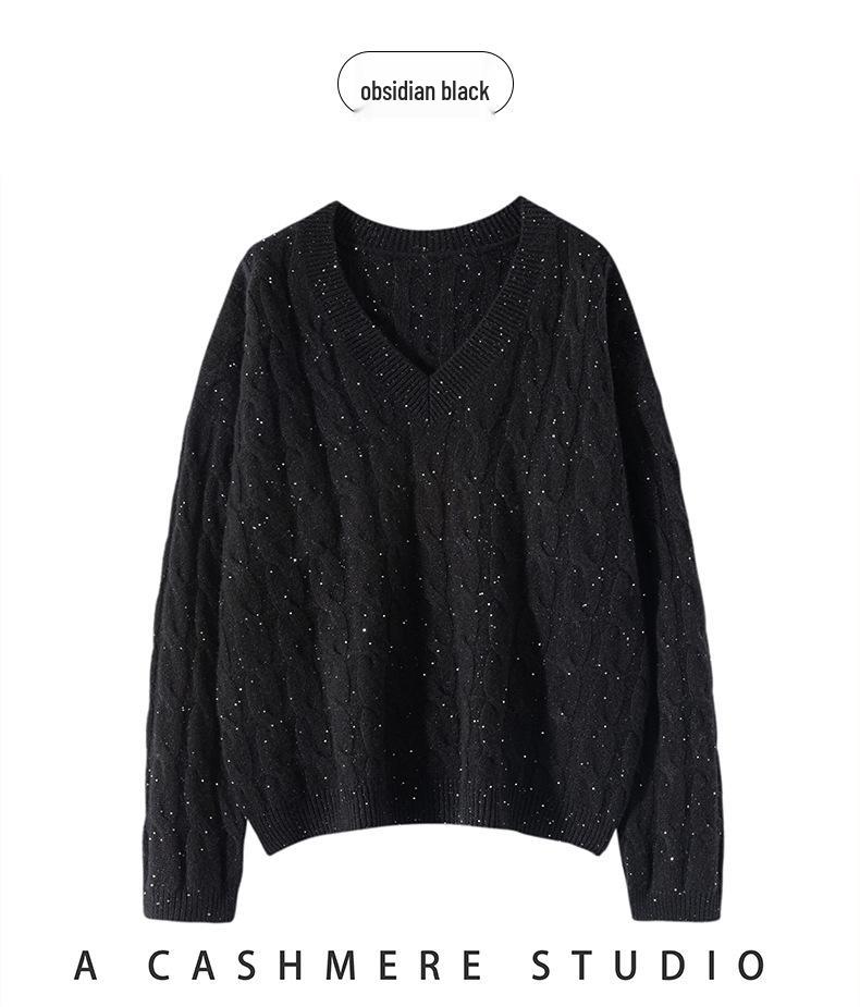 Women's V-Neck Loose Cable Knit Wool Sweater - Winter 2024 Casual Pullover Knitwear