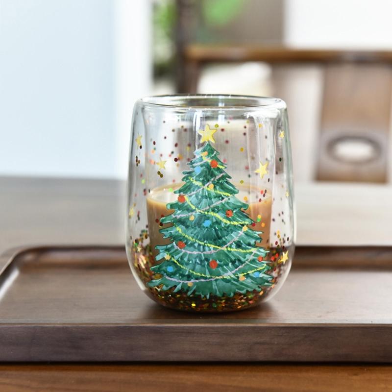 Drinking Cup with Christmas Tree Sparkles Double Walled Sparkling Christmas Tree Glass Mug for Warm Beverages