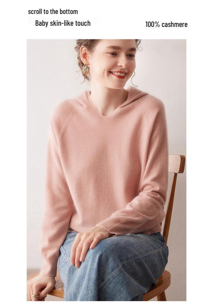 Women's 100% Pure Cashmere Hooded Sweatshirt - Autumn/Winter Long Sleeve Pullover Sweater.