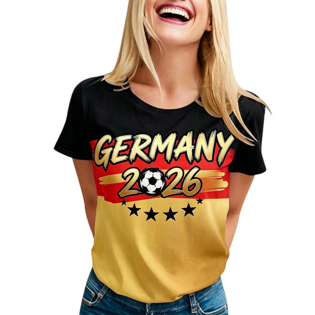 Damski Casualowy Sweter T-shirt Krótki Rękaw Okrągły Dekolt Nadruk z Literami Top do Kibicowania Piłce Nożnej Niemcy 2026 Ubrania dla Fanów