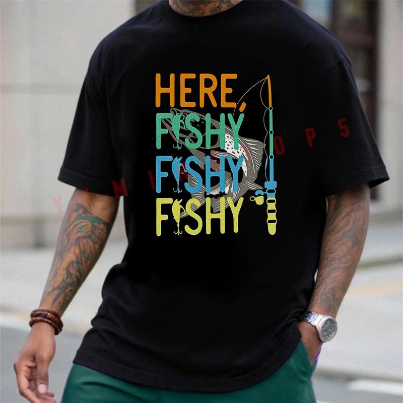 Here Fishy Graphic Motorcycle T-shirt Men Summer Cotton Casual Short Sleeved Tops Tee