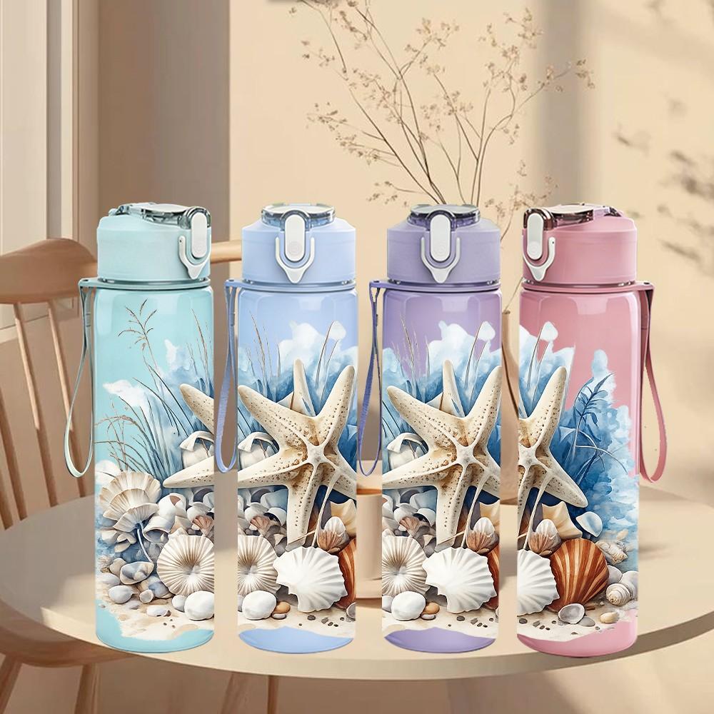 1PC Starfish Shell Ocean Beach Art 750ml Color Plastic Sports Water Bottle Leakproof Flip Straw Lid Suitable for Sports Office Home Use
